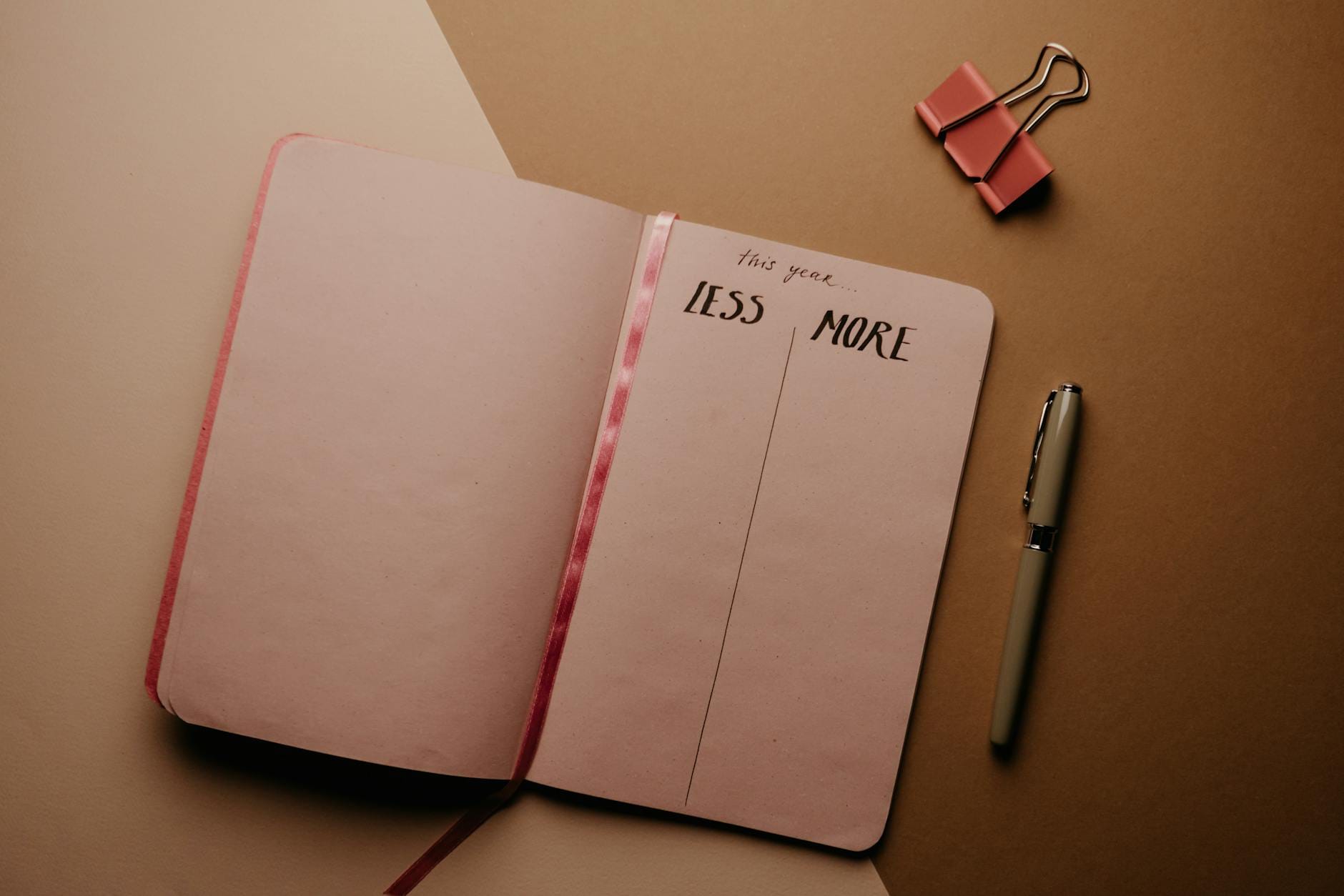 Otwarty notes z postanowieniami noworocznymi i długopisem na brązowym tle